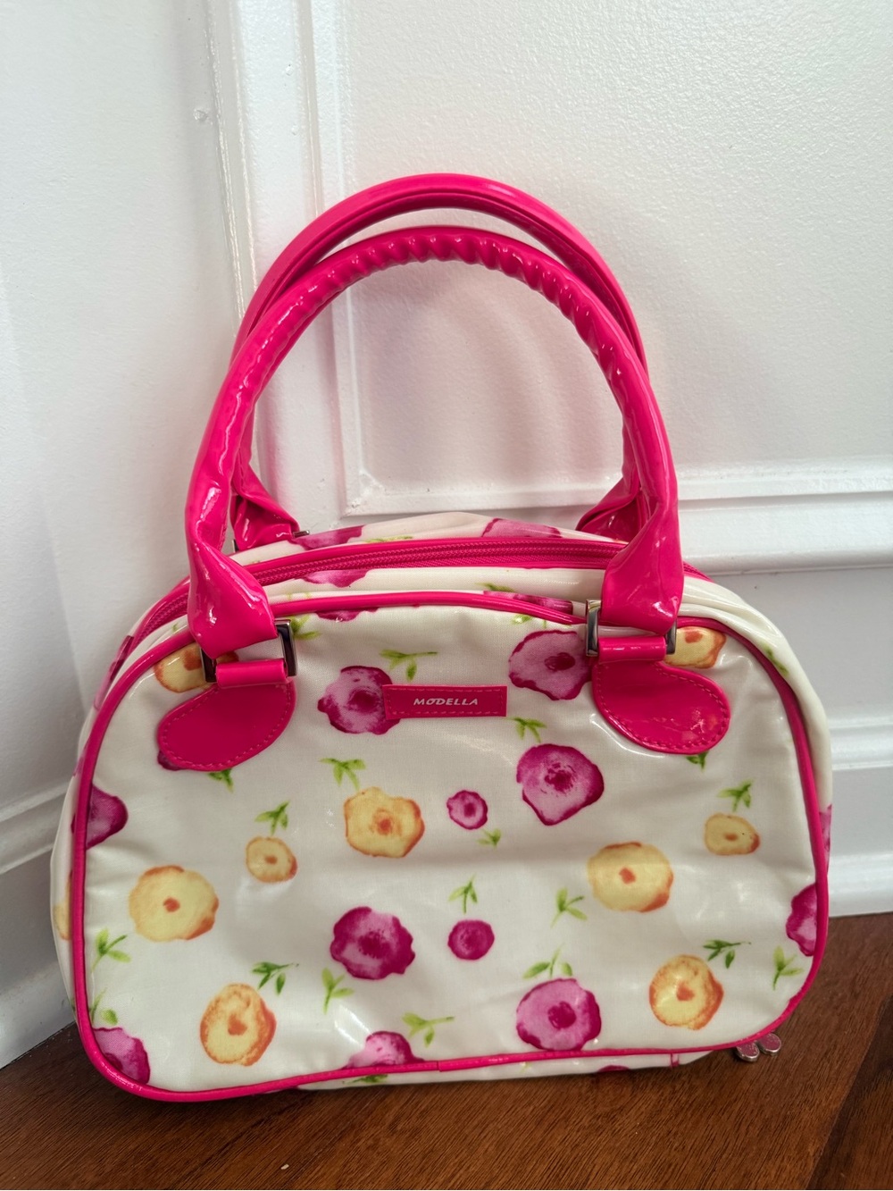 Modella Cream Floral Satchel with Hot Pink Patent Trim